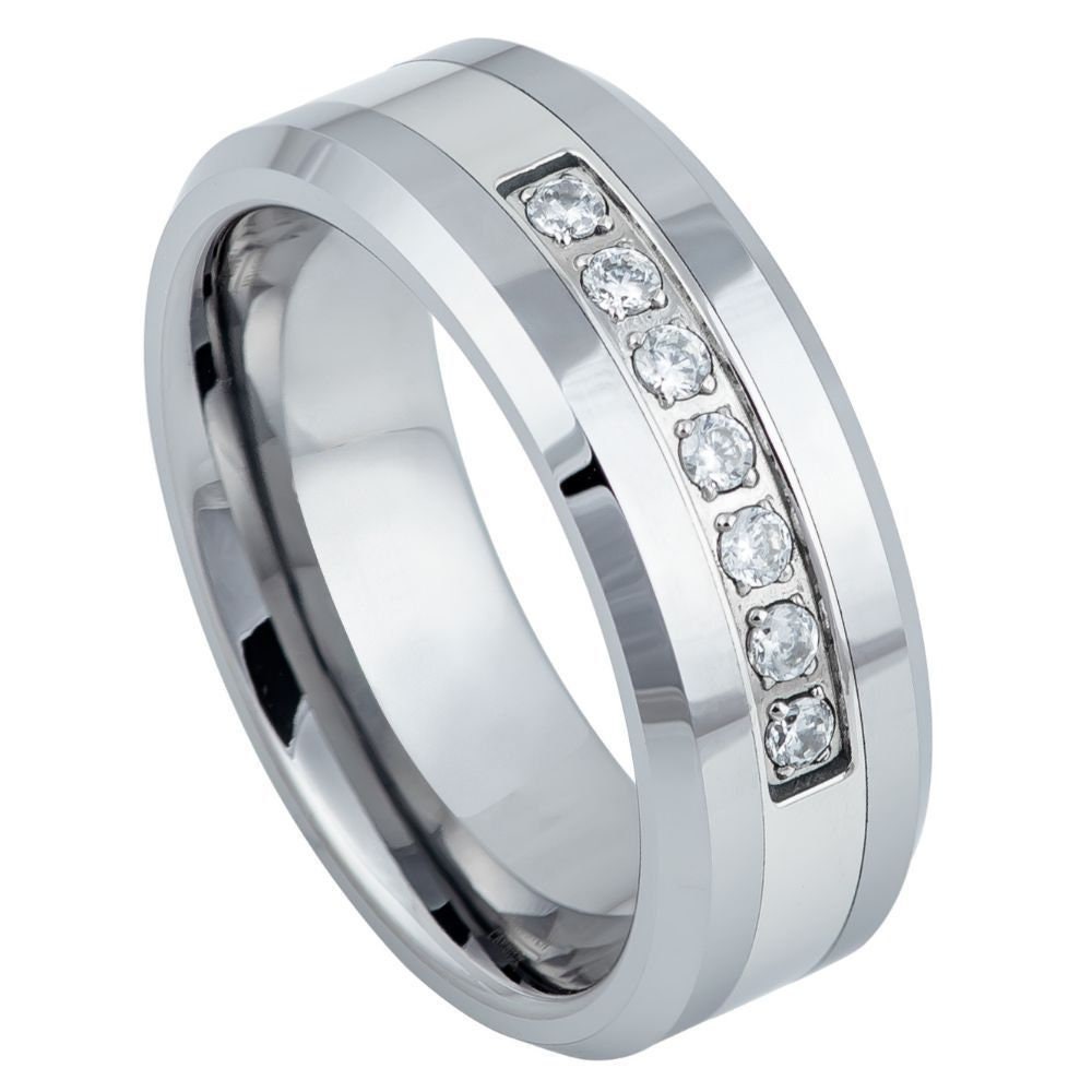 Men's Tungsten Wedding Band with Brushed Silver Inlay and 9 White Diamond Comfort Fit- 8mm Engraved Tungsten Ring