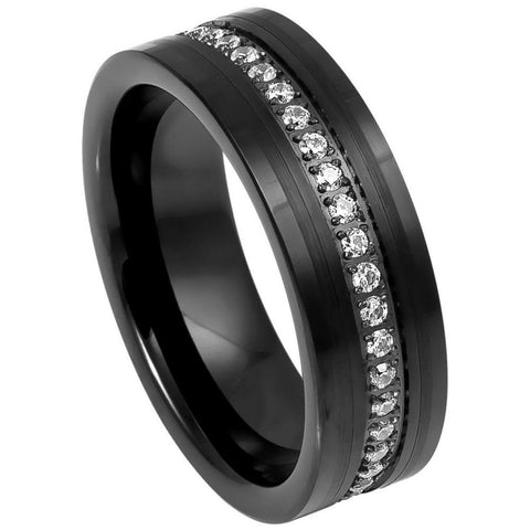 Men's Black Tungsten Domed With Jet Black Ionic Plated Wedding Band With CZ Stones- 8mm Tungsten Ring