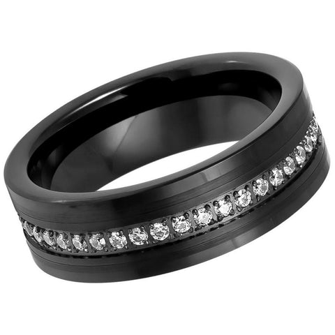 Men's Black Tungsten Domed With Jet Black Ionic Plated Wedding Band With CZ Stones- 8mm Tungsten Ring