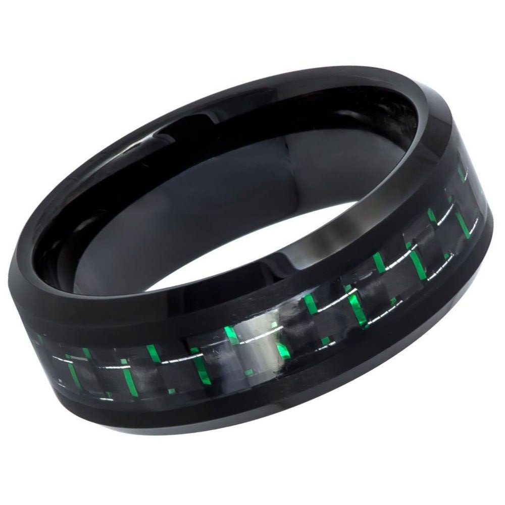 Men's Dome Black Ceramic Tungsten Ring Anniversary Band With Black And Green Carbon Fiber Inaly- 8mm Engraved Tungsten Ring