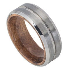 Men's Tungsten Silver Beveled With a Comfort-Fit Whiskey Barrel Wood Sleeve Inlay- 8mm Engraved Tungsten Ring