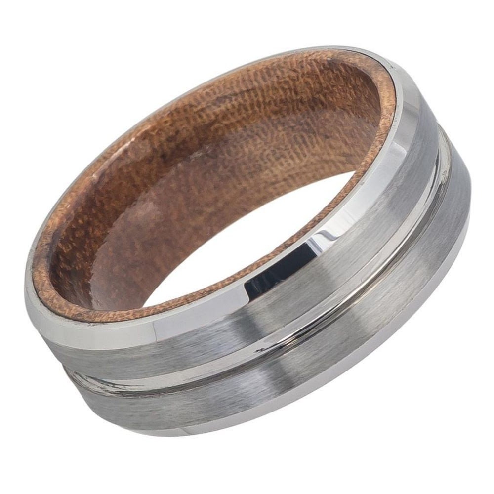 Men's Tungsten Silver Beveled With a Comfort-Fit Whiskey Barrel Wood Sleeve Inlay- 8mm Engraved Tungsten Ring