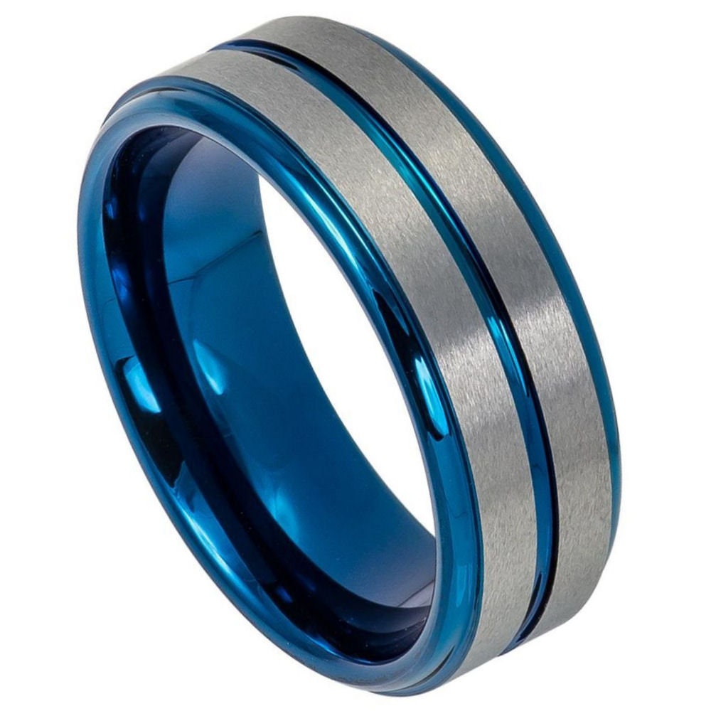 Men's Wedding Tungsten Ring Blue Tungsten Gray Brushed Inlay Center- 8mm Engraved Tungsten Ring