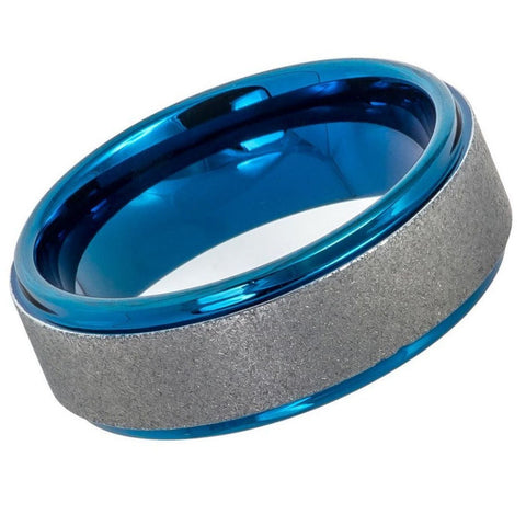 Men's Two Tone Blue And Silver Tungsten With Sandblasted Center Wedding- 8mm Engraved Tungsten Ring