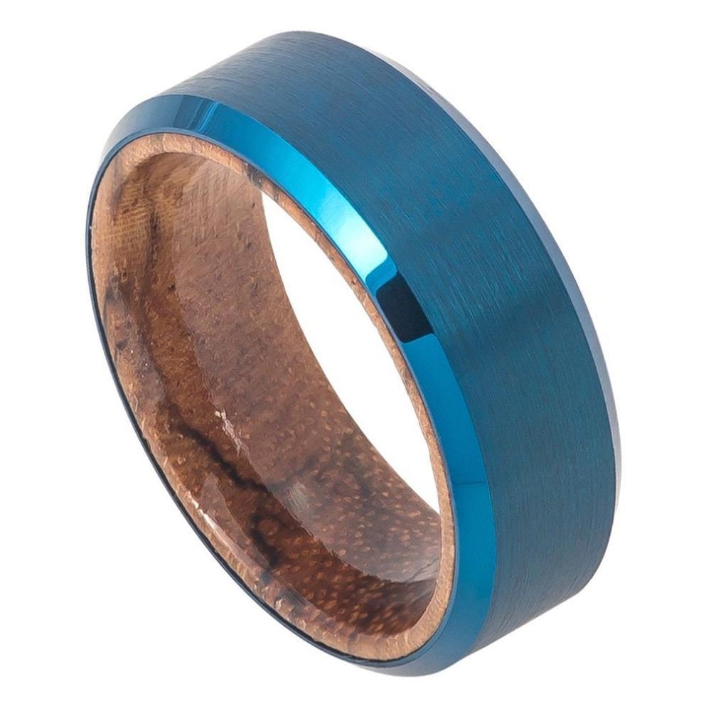 Men's Blue Finish Tungsten Carbide Tungsten Ring with Inside Wood Inlay Wedding- 8mm Engraved Tungsten Ring