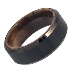 Men's Black Finish Tungsten Carbide With Inside Wood Inlay- 8mm Engraved Tungsten Ring