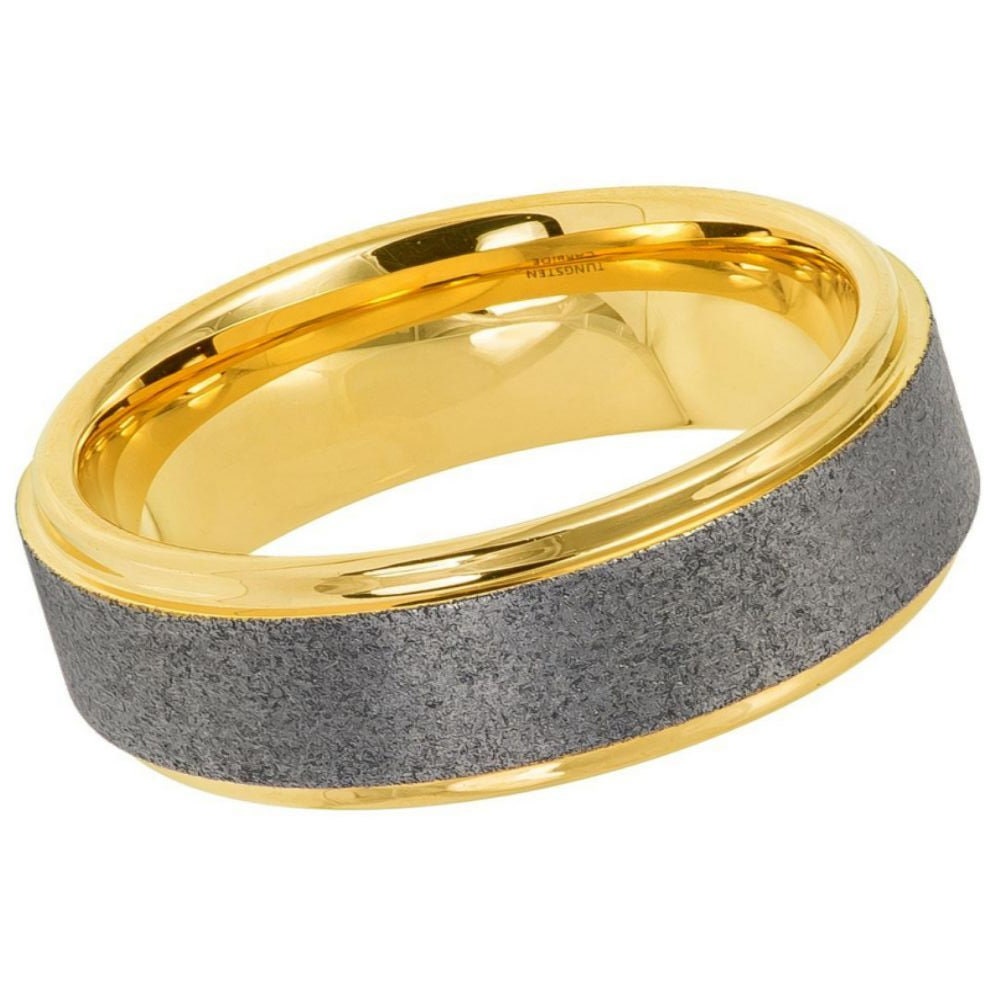 Men's Tungsten Yellow Gold Dark Gray Sandblasted With Yellow Gold Edge- 8mm Engraved Tungsten Ring