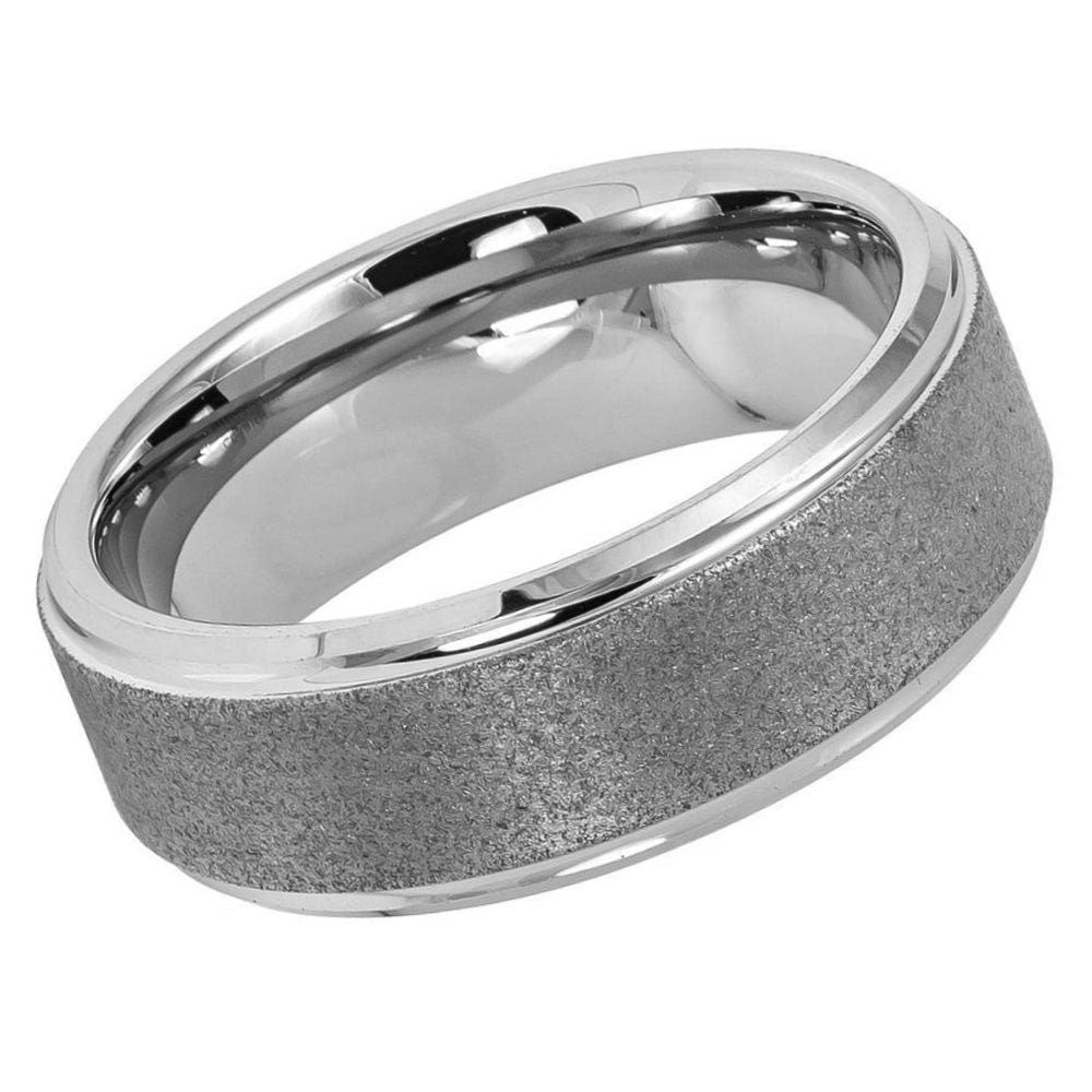 Men's Two Tone Silver And Gray Tungsten Wedding With Sandblasted Center- 8mm Engraved Tungsten Ring