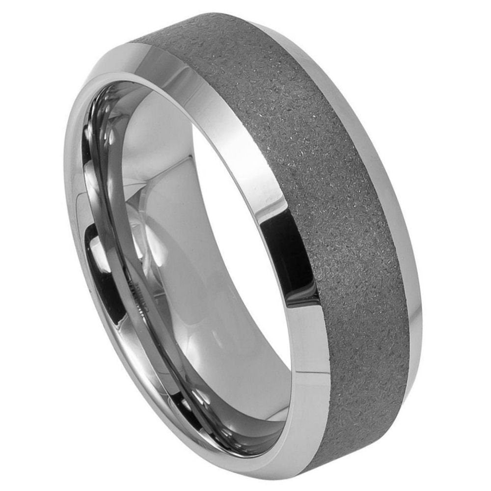 Men's Silver And Dark Gray Tungsten Anniversary With Sandblasted Center- 8mm Engraved Tungsten Ring