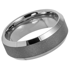 Men's Silver And Dark Gray Tungsten Anniversary With Sandblasted Center- 8mm Engraved Tungsten Ring