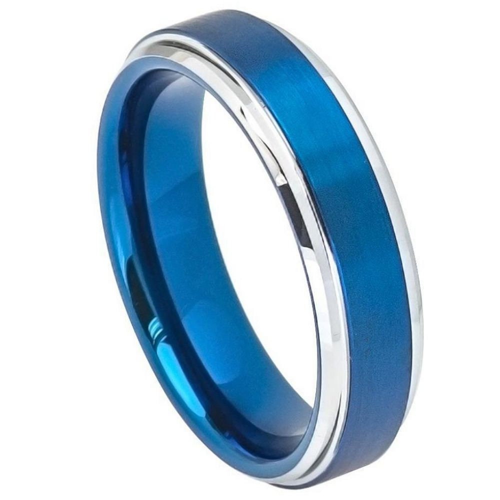 Men's Shiny Blue And Silver Brushed Tungsten Carbide Engagement Band Comfort Fit- 6mm Engraved Tungsten Ring