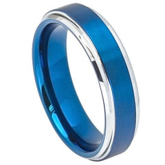 Men's Shiny Blue And Silver Brushed Tungsten Carbide Engagement Band Comfort Fit- 6mm Engraved Tungsten Ring