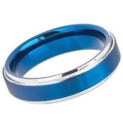 Men's Shiny Blue And Silver Brushed Tungsten Carbide Engagement Band Comfort Fit- 6mm Engraved Tungsten Ring