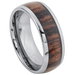 Men's Silver Dome Tungsten With Wood Inlay Engagement Band Comfort-Fit- 8mm Engraved Tungsten Ring