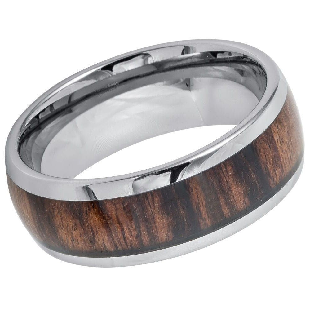 Men's Silver Dome Tungsten With Wood Inlay Engagement Band Comfort-Fit- 8mm Engraved Tungsten Ring