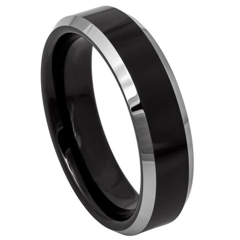 Men's Black Plated Brushed Center High Polished Silver Anniversary- 6mm Engraved Tungsten Ring