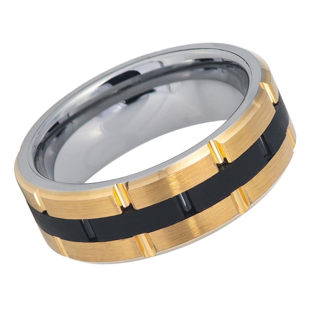 Men's Tungsten Black Gold Wedding- 8mm Engraved Tungsten Ring