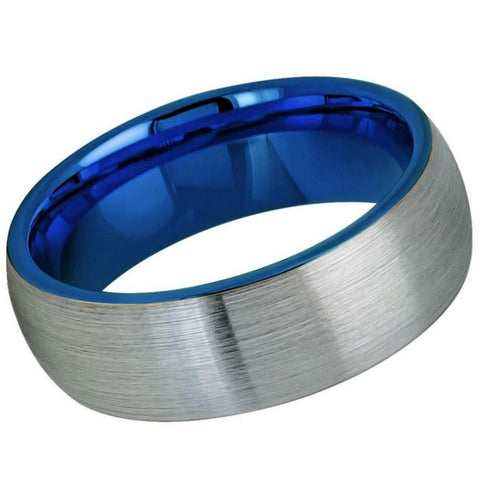 Men's Domed Silver Brushed Tungsten Wedding Band With Blue Inside- 8mm Engraved Tungsten Ring