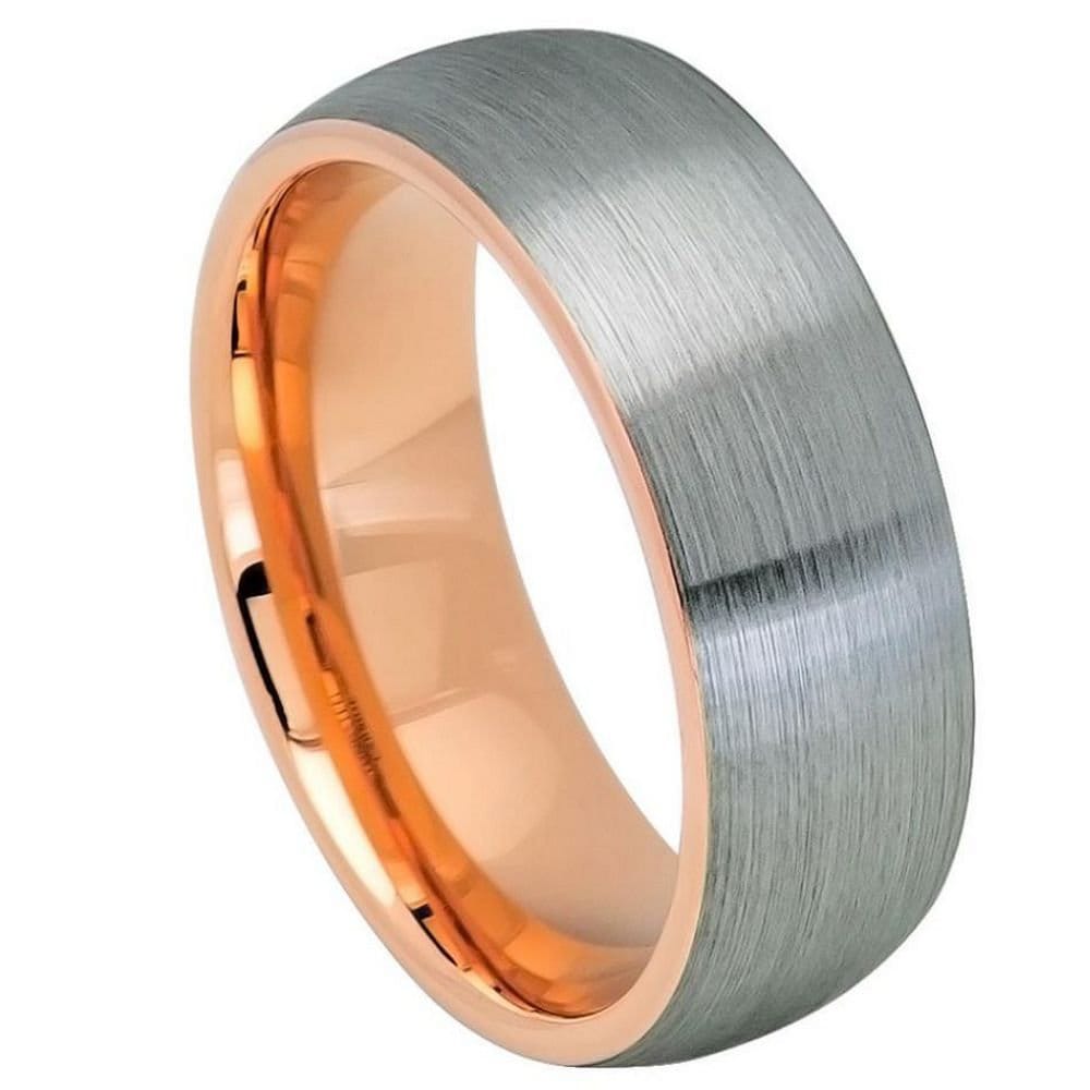 Men's Domed Silver Brushed Tungsten Wedding Band With Rose Gold Inside- 8mm Engraved Tungsten Ring