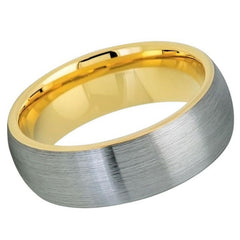 Men's Domed Silver Brushed Tungsten Wedding Band With Yellow Gold Inside- 8mm Engraved Tungsten Ring