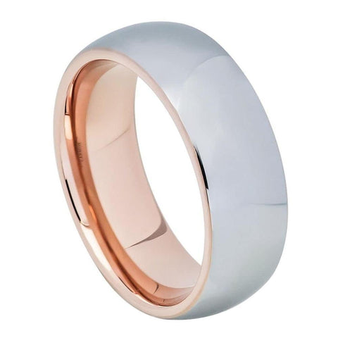 Men's Domed Gray Brushed Tungsten Wedding Band With Rose Gold Inside- 8mm Engraved Tungsten Ring