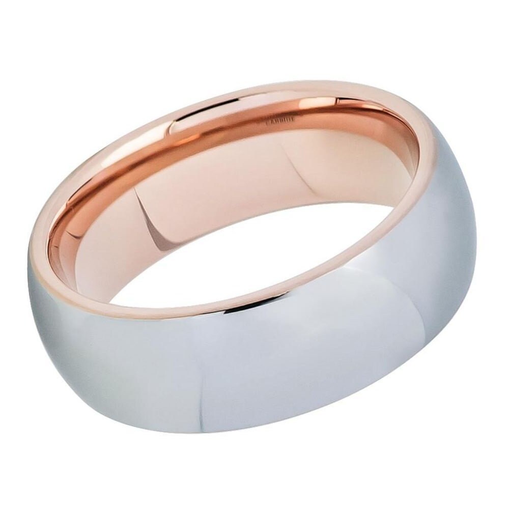 Men's Domed Gray Brushed Tungsten Wedding Band With Rose Gold Inside- 8mm Engraved Tungsten Ring