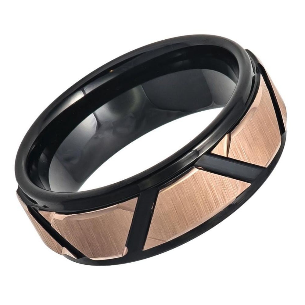 Men's Tungsten Rose Gold Brushed Trapezoid Center High Polished Black Gold Grooves Stepped Edge Wedding Band- 8mm Tungsten Ring