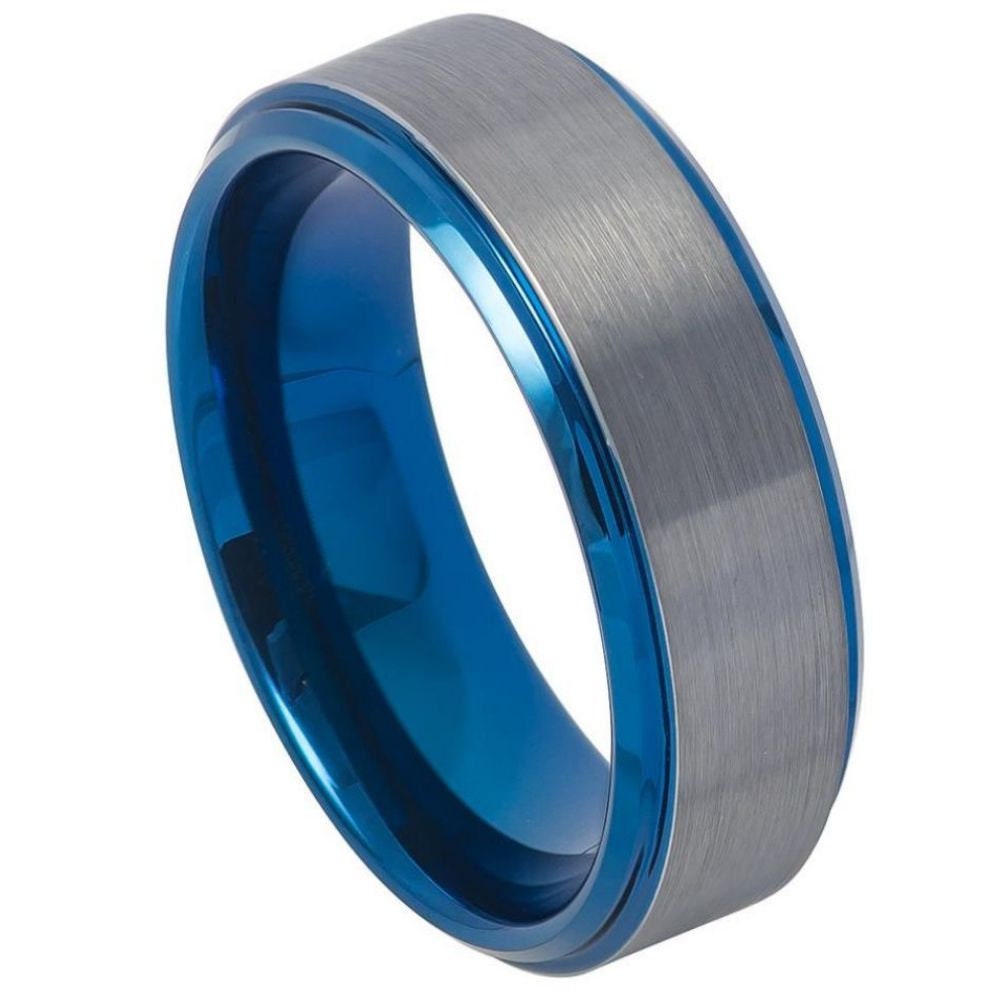 Men's Blue Plated Tungsten Silver Brushed Wedding- 8mm Engraved Tungsten Ring