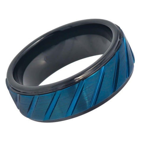 Men's Black Brushed Tungsten With Diagonal Grooves in Blue Center Step Edges Wedding- 8mm Engraved Tungsten Ring