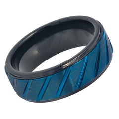 Men's Black Brushed Tungsten With Diagonal Grooves in Blue Center Step Edges Wedding- 8mm Engraved Tungsten Ring