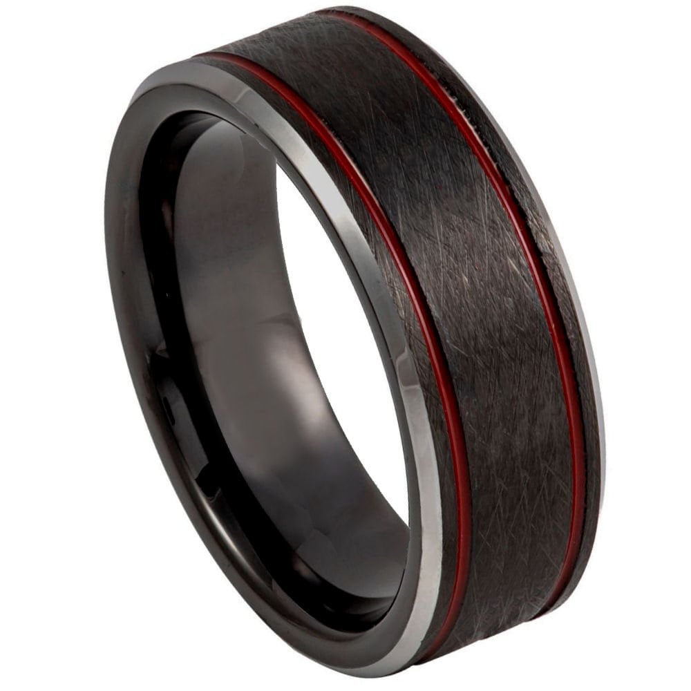 Men's Red Wedding Band Black Brushed Tungsten Carbide- 8mm Engraved Tungsten Ring