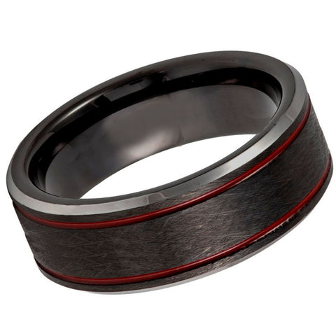 Men's Red Wedding Band Black Brushed Tungsten Carbide- 8mm Engraved Tungsten Ring