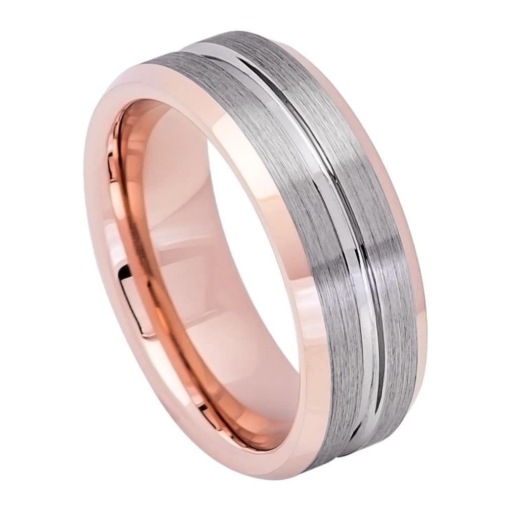 Men's Silver And Rose Gold Flat Tungsten With Brushed Center Wedding- 8mm Engraved Tungsten Ring