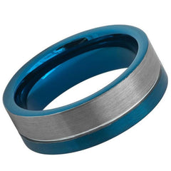 Men's Tungsten Wedding Two Tone Silver And Off Center Blue Groove Brushed Carbide Finish Pipe Cut- 8mm Tungsten Ring