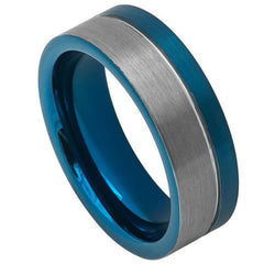 Men's Tungsten Wedding Two Tone Silver And Off Center Blue Groove Brushed Carbide Finish Pipe Cut- 8mm Tungsten Ring