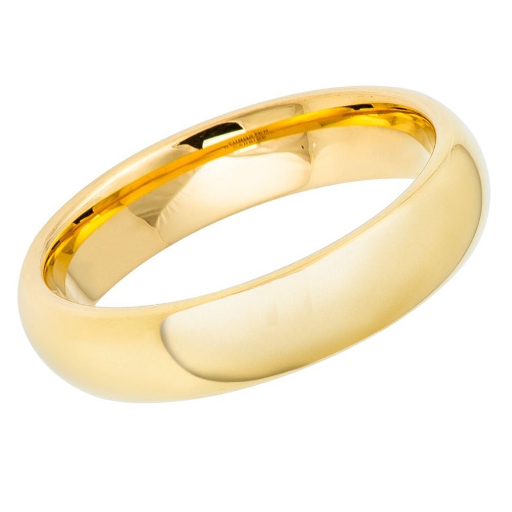 Unisex Yellow Gold Wedding Band Simple Dome Tungsten- 5mm Engraved Tungsten Ring