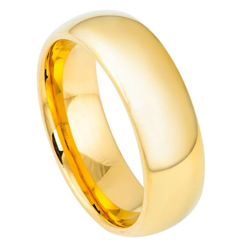 Unisex Yellow Gold Wedding Band Simple Dome Tungsten- 7mm Engraved Tungsten Ring