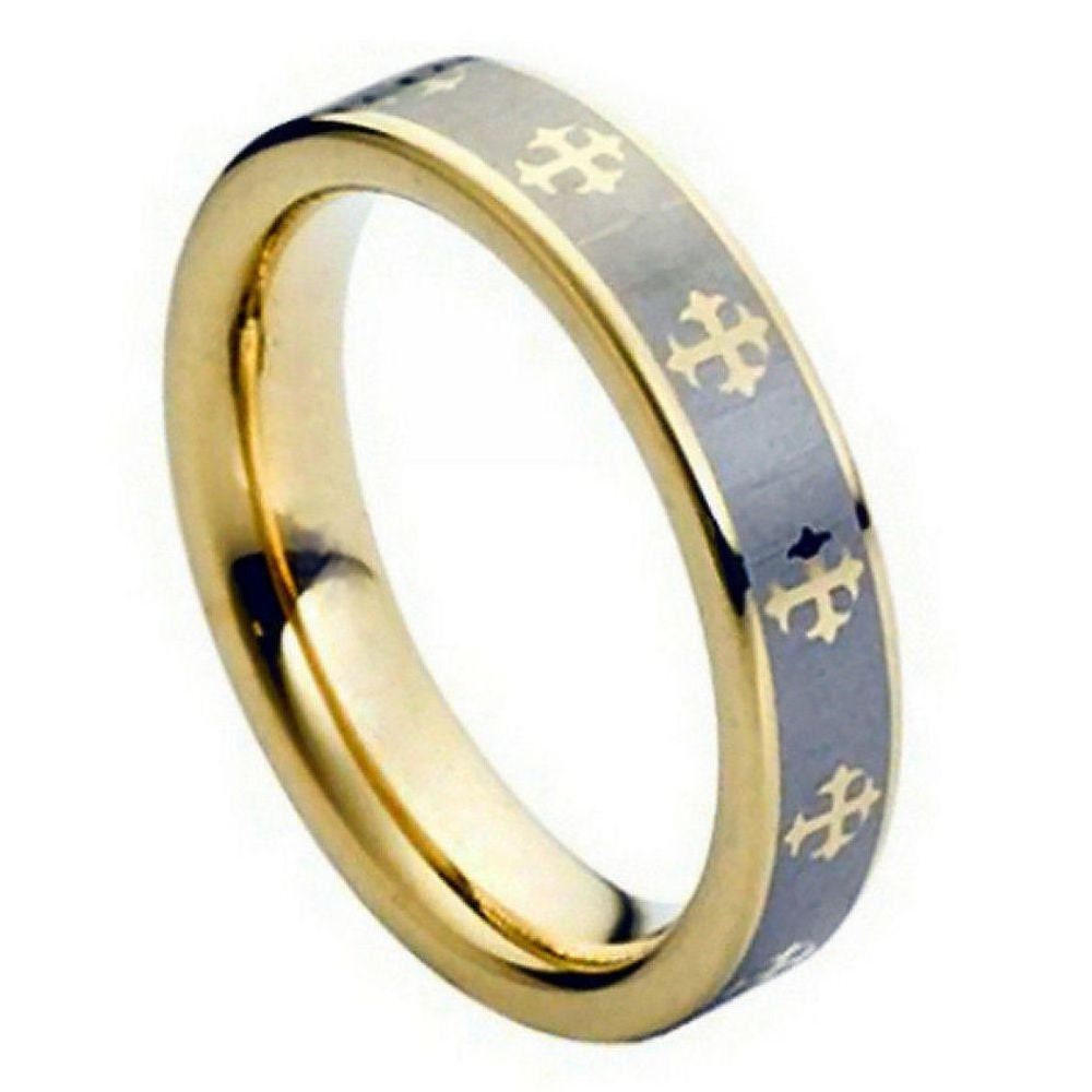 Men's Multiple Christian Cross Gold Band and Brushed Grey Tungsten Wedding- 5mm Engraved Tungsten Ring