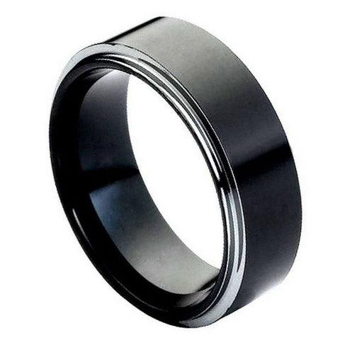 Men's Flat Black Tungsten Brushed Raised Center Step Edges Wedding Band- 8mm Engraved Tungsten Ring