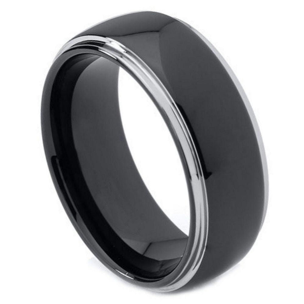 Men's Tungsten Black Matte Center With Step Edges Tungsten Wedding Band- 8mm Engraved Tungsten Ring