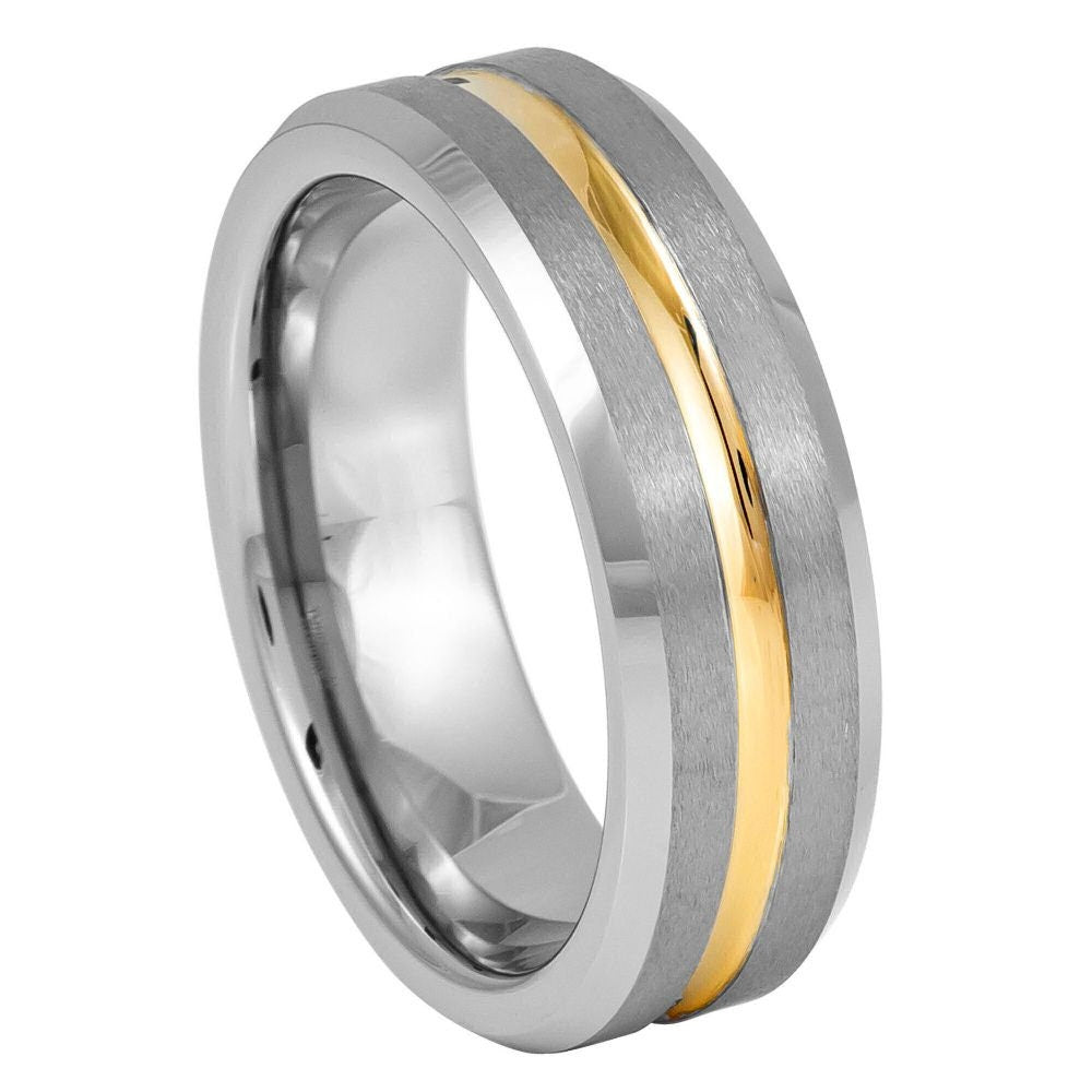 Unisex Silver Brushed Gold Center Lined Tungsten Wedding Band- 7mm Engraved Tungsten Ring