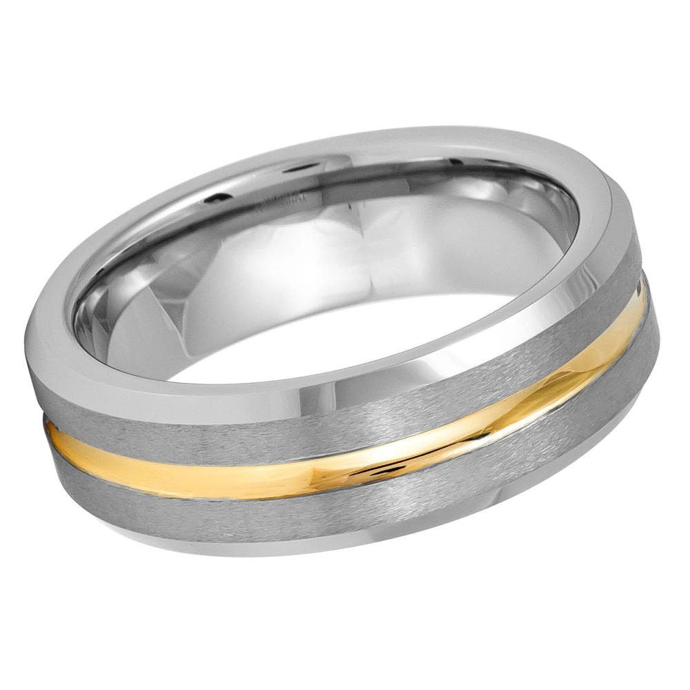 Unisex Silver Brushed Gold Center Lined Tungsten Wedding Band- 7mm Engraved Tungsten Ring