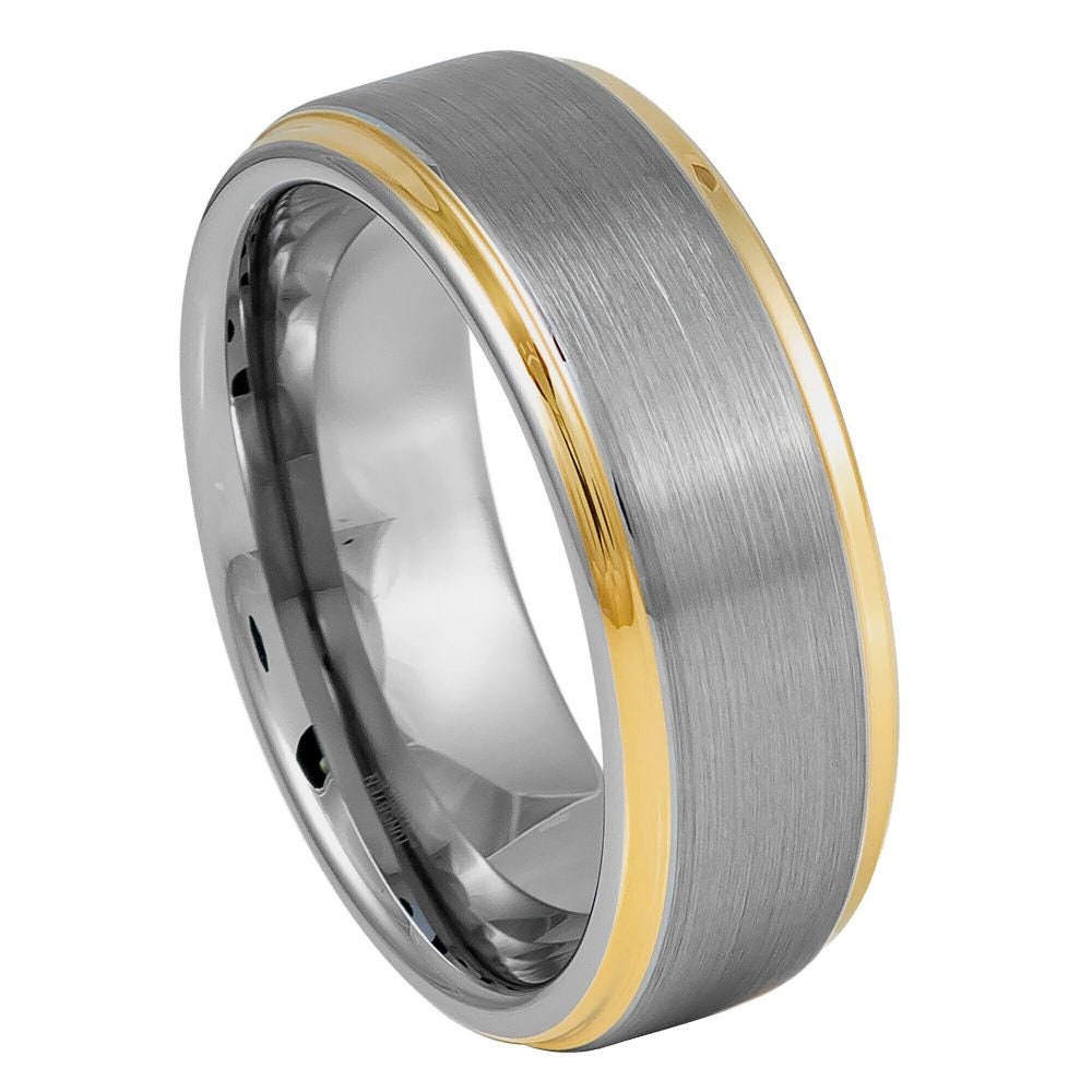 Men's Tungsten Silver Center Brushed With Yellow Gold Edge Wedding- 8mm Engraved Tungsten Ring