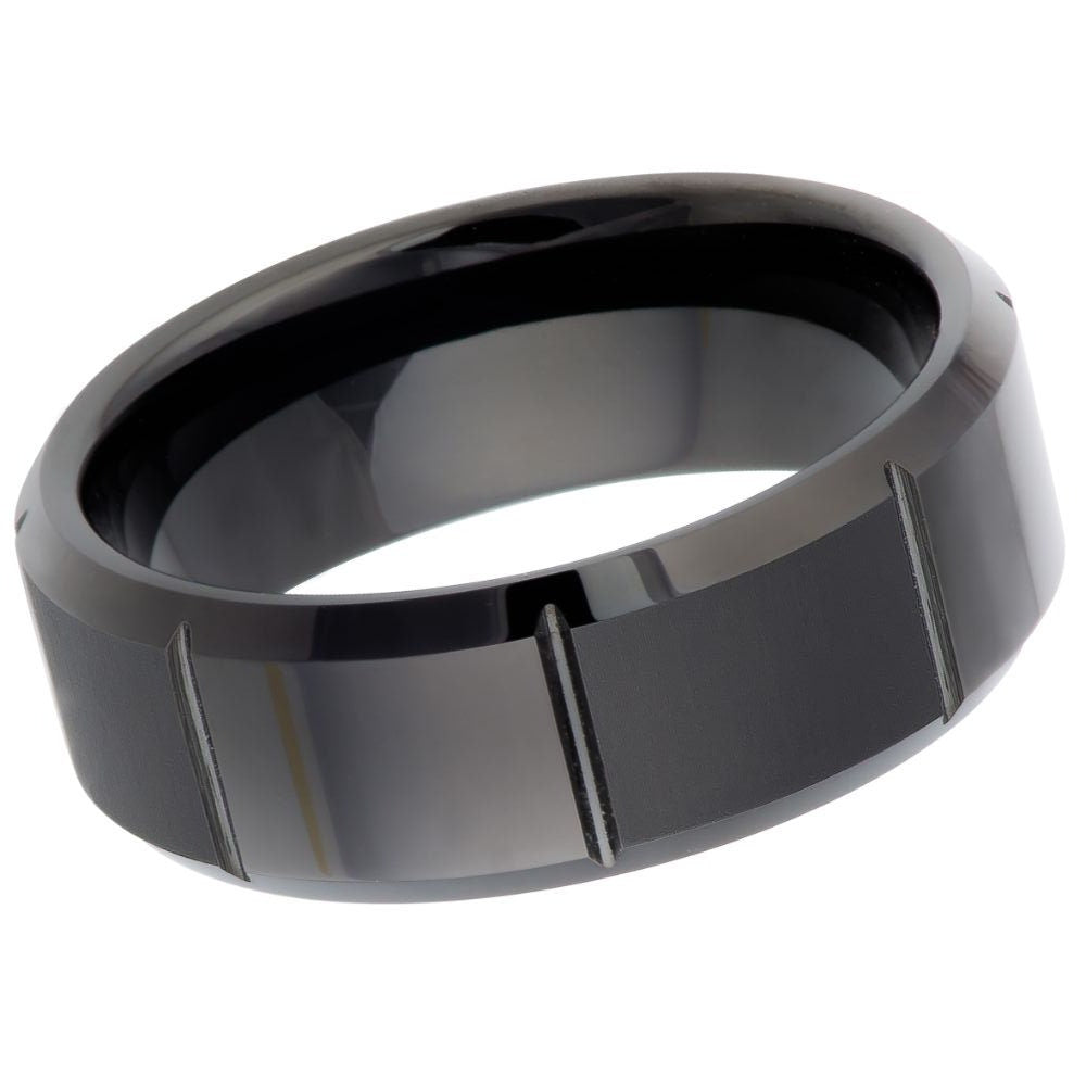 Men's Black With Fine Lines In Center Wedding Tungsten- 8mm Engraved Tungsten Ring