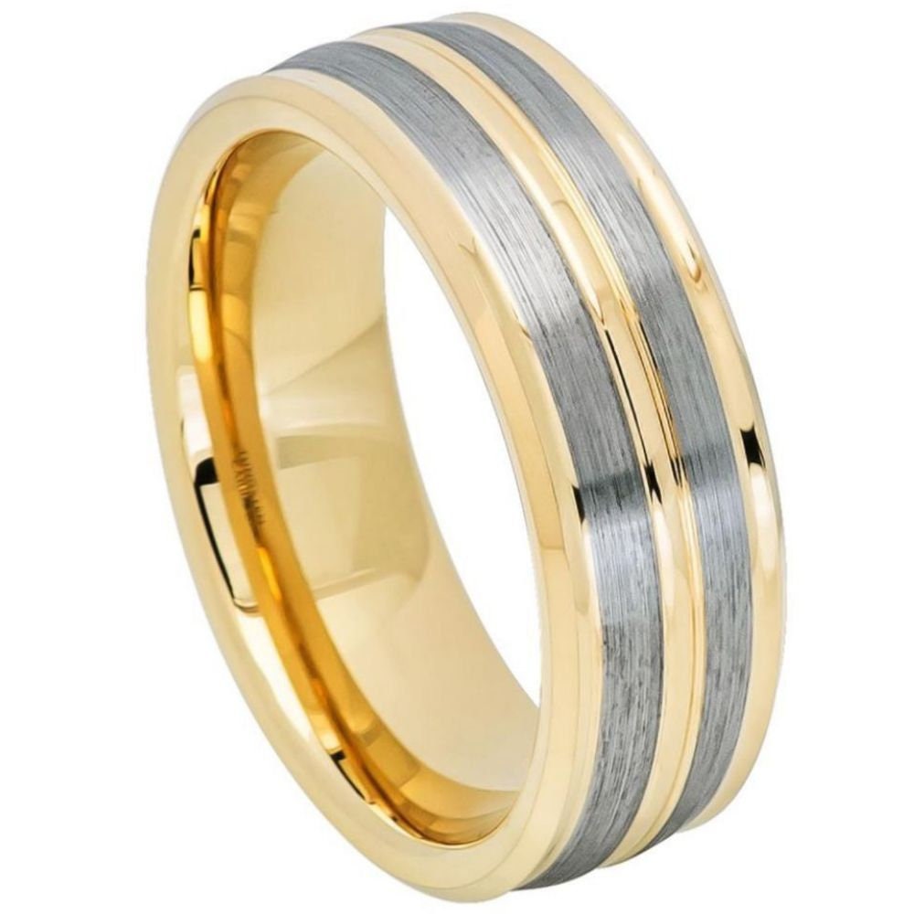 Men's Tungsten Yellow Gold Grey Brushed Polished Wedding Band- 8mm Engraved Tungsten Ring