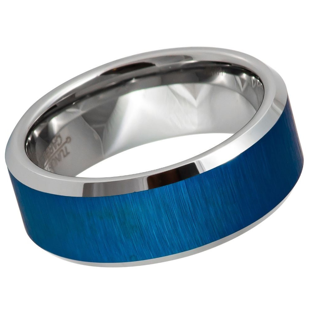 Men's Blue Tungsten Wedding Band Silver Brushed Carbide- 8mm Engraved Tungsten Ring