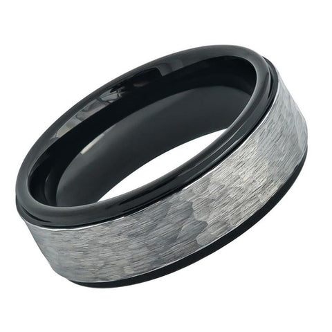 Men's Hammered Wedding Band Gray Brushed Tungsten Black Carbide- 8mm Engraved Tungsten Ring