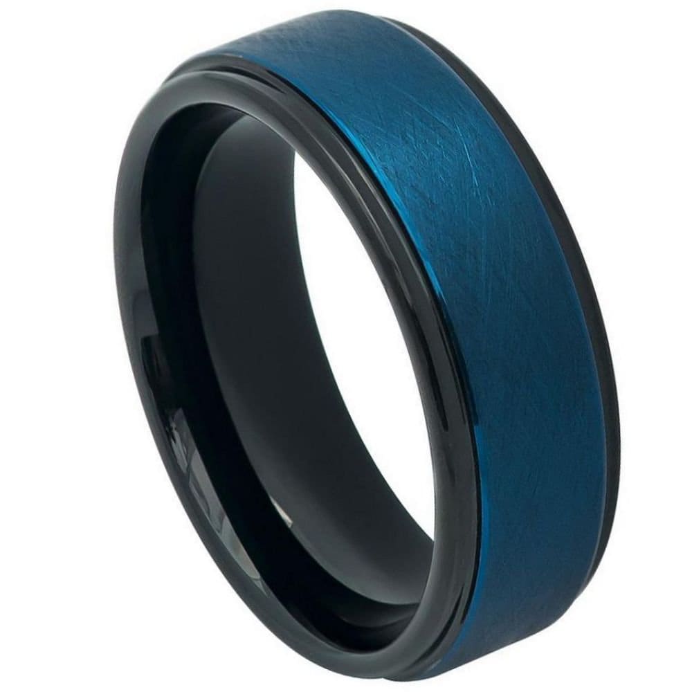 Men's Blue And Black Tungsten Carbide Brushed- 8mm Engraved Tungsten Ring