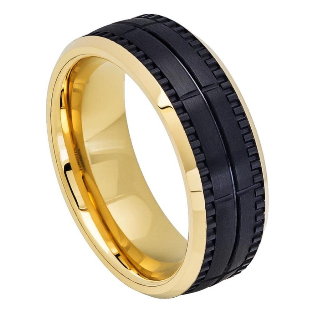 Men's Black Tungsten With Yellow Gold Wedding Band Carbide- 8mm Engraved Tungsten Ring