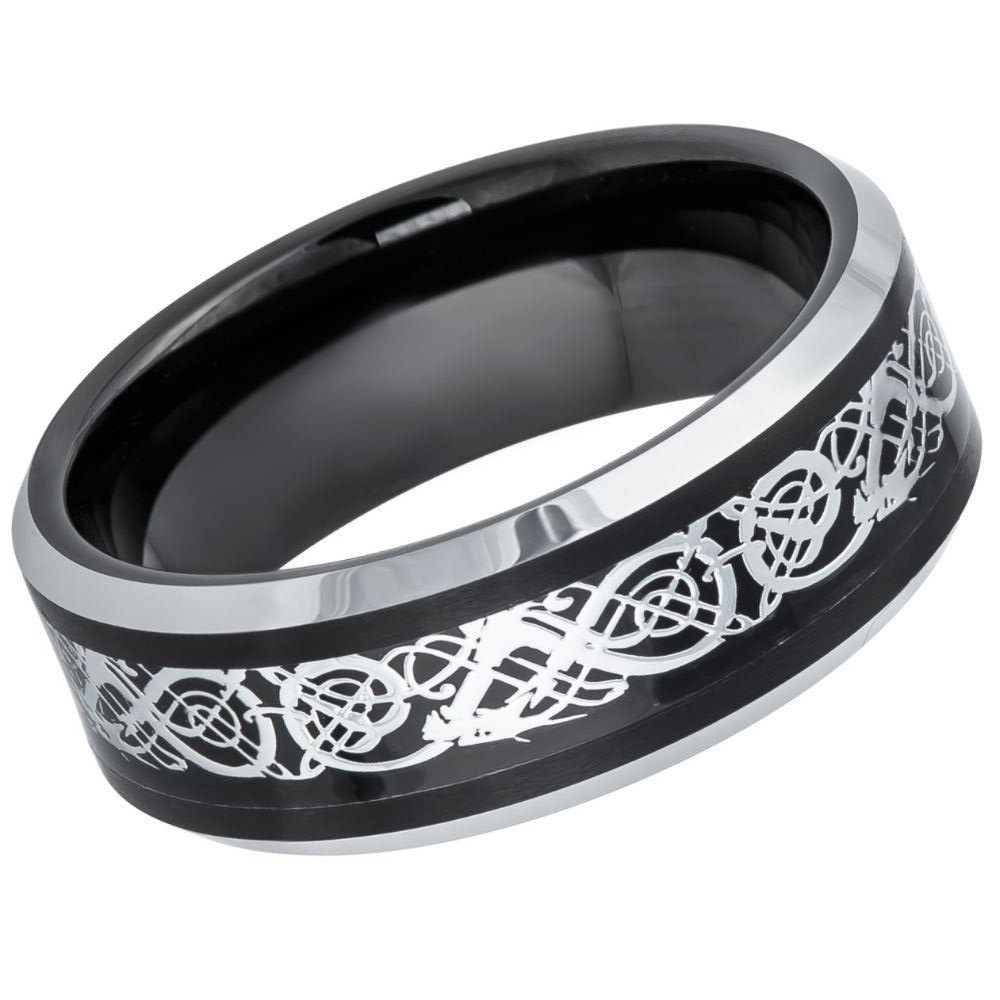 Unisex Tungsten Black And Silver Plated Celtic Design Inlay Bevel Edge- 8mm Engraved Tungsten Ring